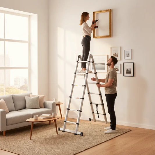 Femme et conjoint installe cadre hauteur avec echelle telescopique