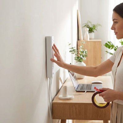 Femme installe barre prises mur avec ruban adhésif double face