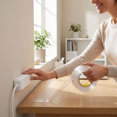 Femme installe prise électrique avec ruban adhésif double face