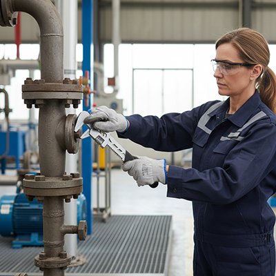 femme plombier repare systeme indusriel avec cle a griffe 