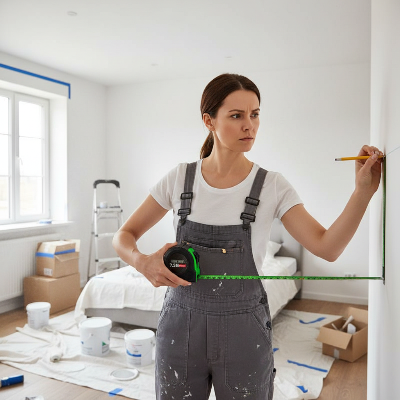 Femme rénovant chambre coucher avec mètre à ruban