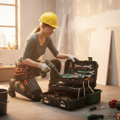 Femme travailleuse de la rénovation avec sa boite a outils