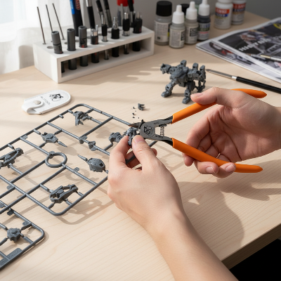 Femme utilisant la pince coupante sur une maquette en plastique