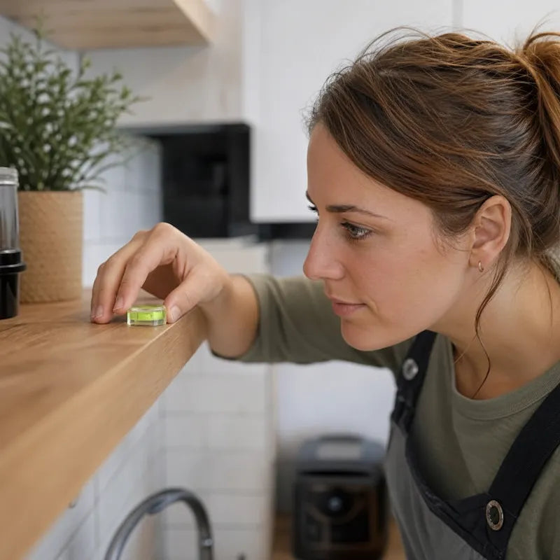 Femme utilise niveau à bulle pour valider niveau tablette cuisine
