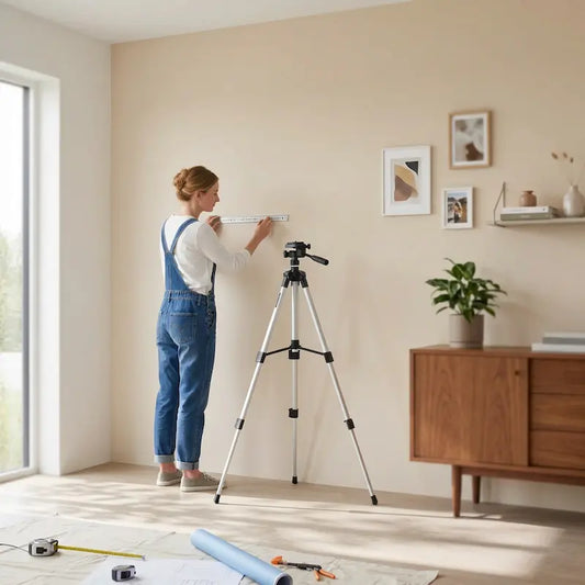 Femme utilise trepied niveau laser pour décorer salon