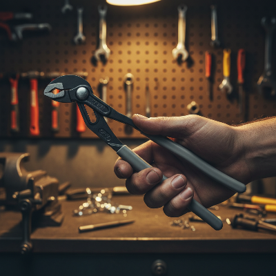 Grande pince multiprise dans mains bricoleur devant atelier