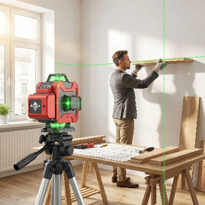 Homme accroche étagères dans bureau avec niveau laser 360