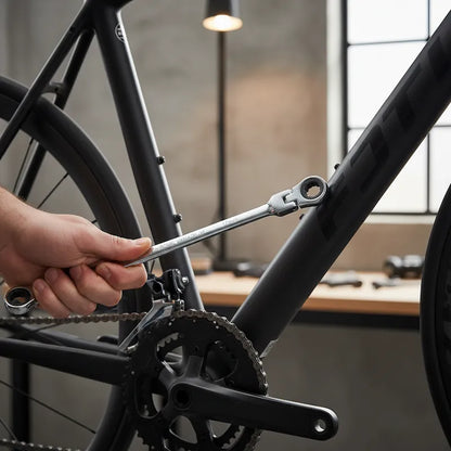 Homme ajuste boulon de vélo avec clé à cliquet plate