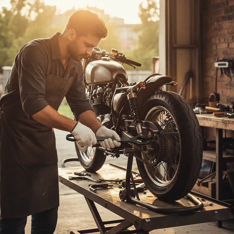 Homme ajuste boulon motocyclette avec clé plate universelle