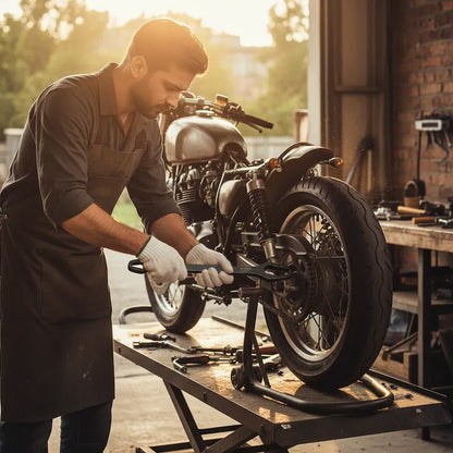Homme ajuste boulon motocyclette avec clé plate universelle