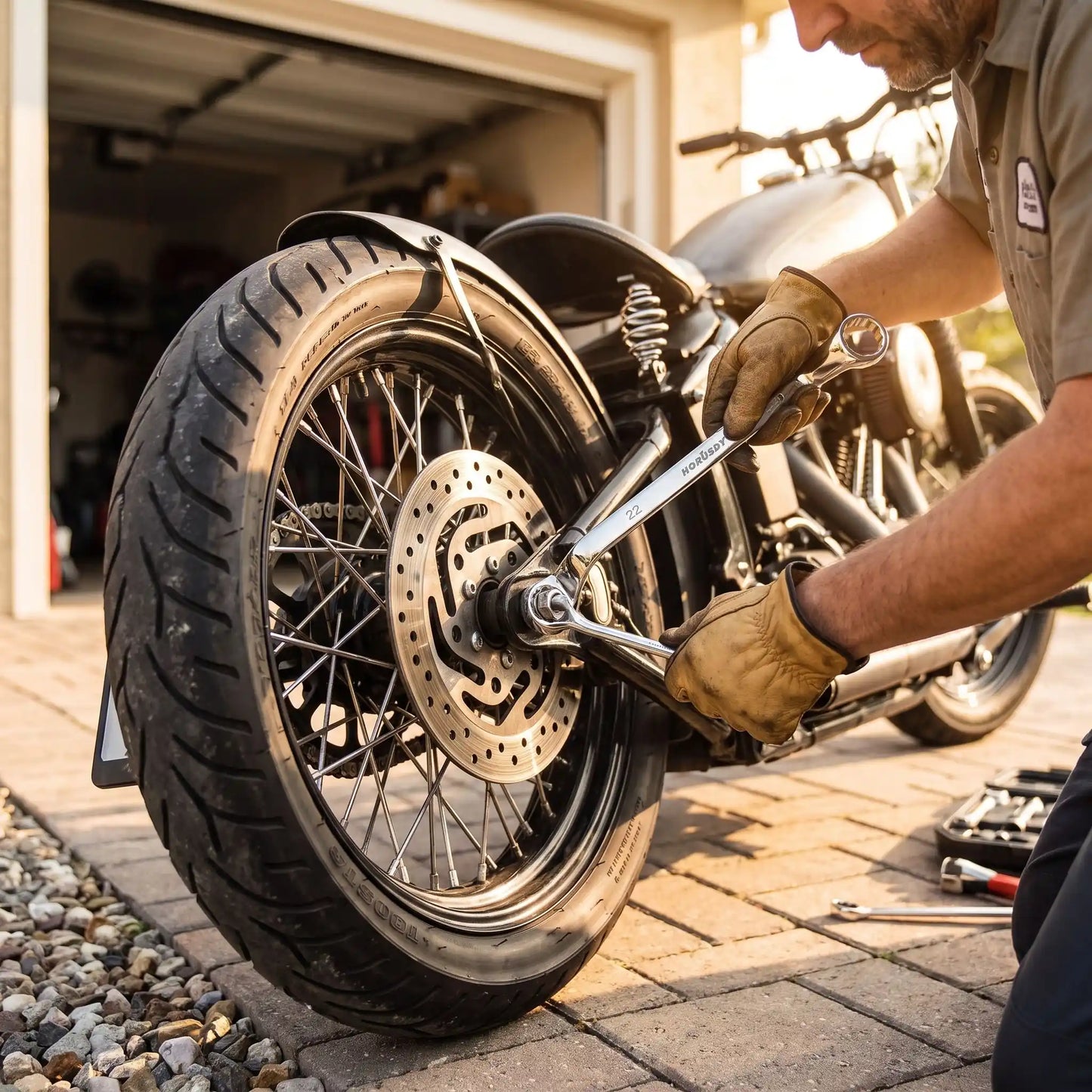 Homme ajuste boulon roue moto avec clé plate coudée