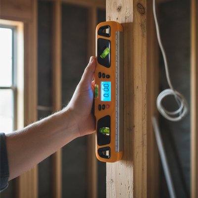 Homme ajuste planche avec niveau à bulle électronique