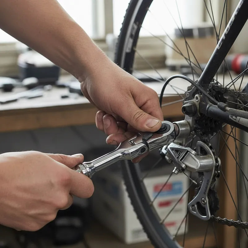 Homme ajuste roue de vélo avec clé à cliquet