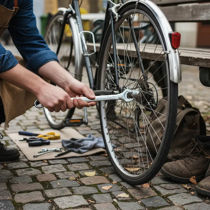 Homme ajuste vélo avec jeu de clés plates
