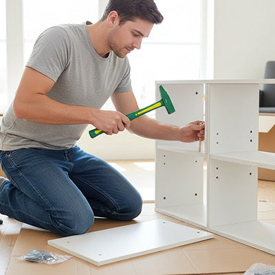 homme assemblant bibliotheque avec marteau