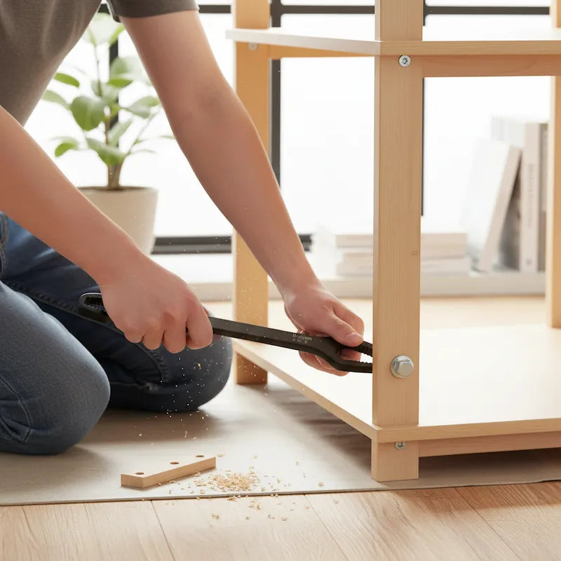 Homme assemble étagère avec clé plate universelle