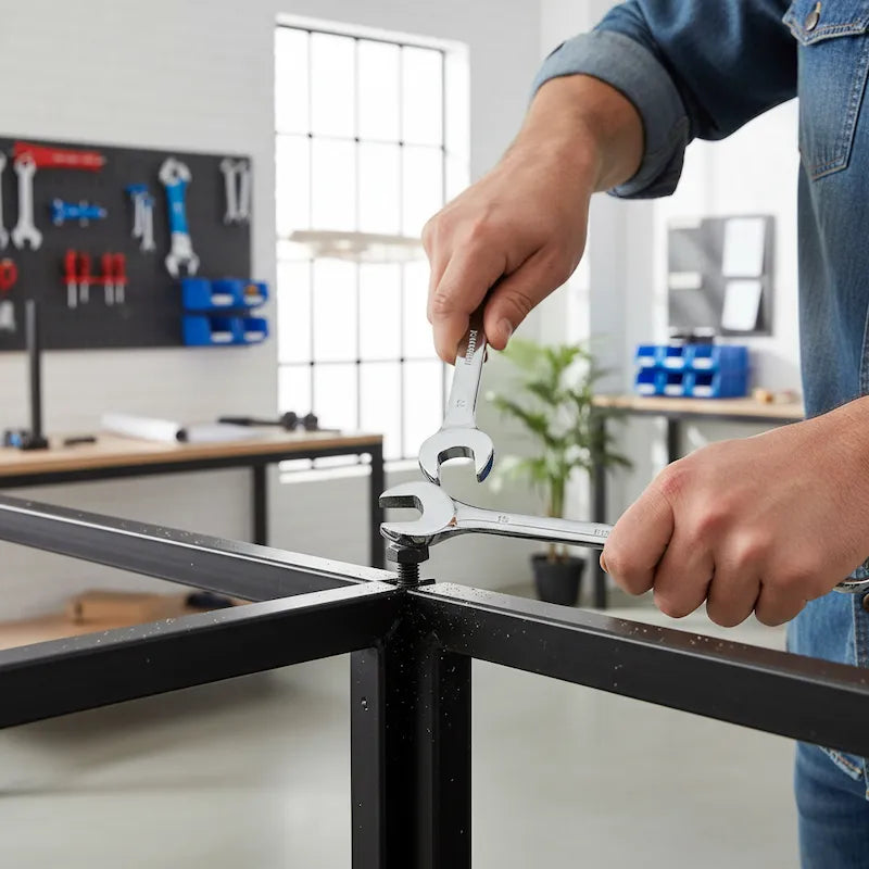 Homme assemble étagère avec jeu de clés plates