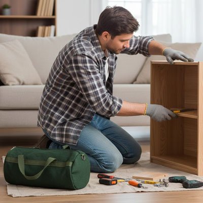 Homme assemble étagère avec sac a outils