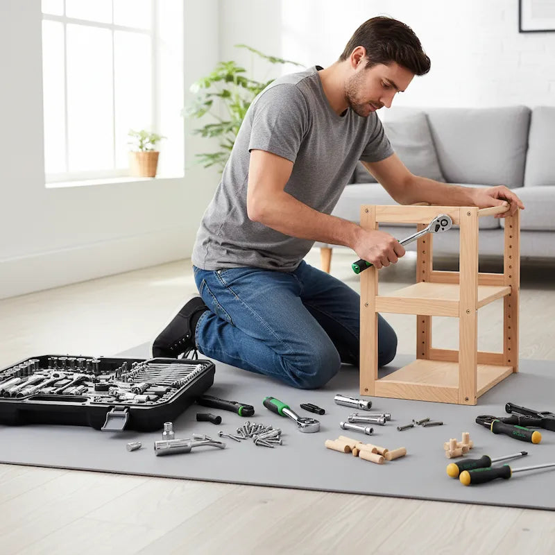 Homme assemble meuble avec coffret cles a douille