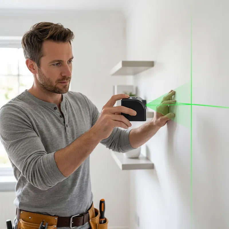 Homme avec niveau laser en croix vert mur blanc
