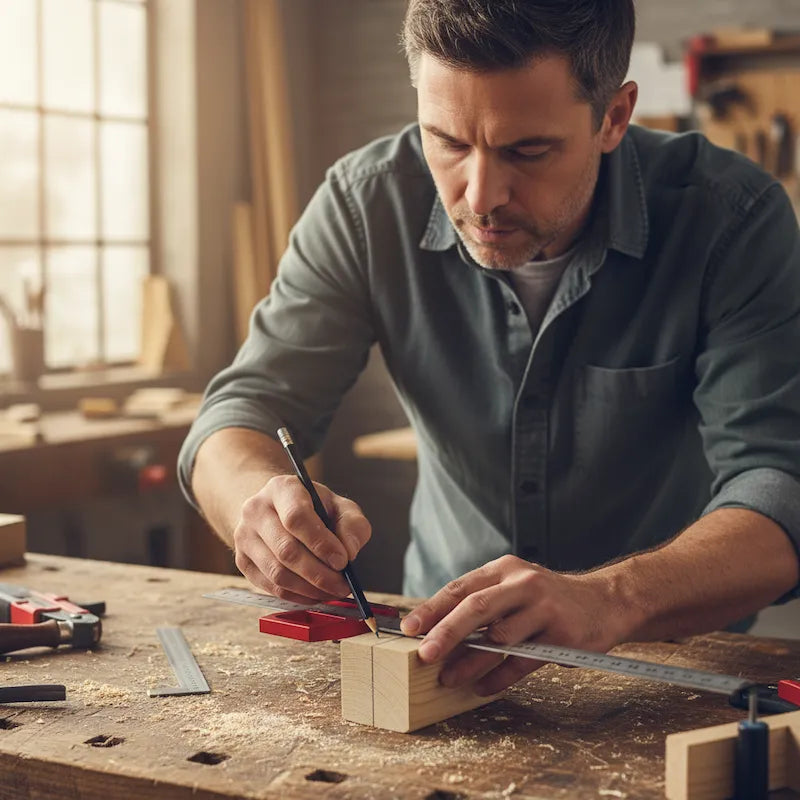 Homme bricole avec equerre de menuisier reglable