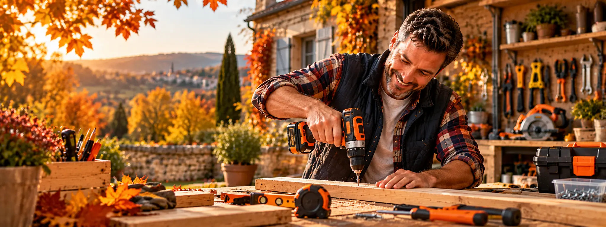 Homme bricole avec outils bricolage dans garage atelier en automne format ordinateur