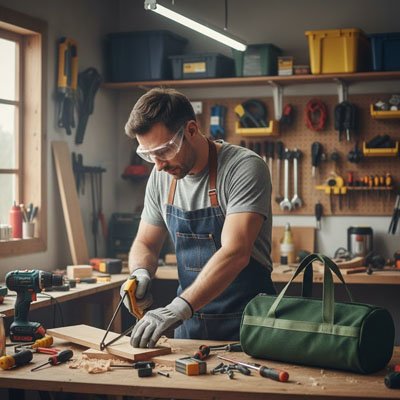 Homme bricole dans son atelier avec sac a outils