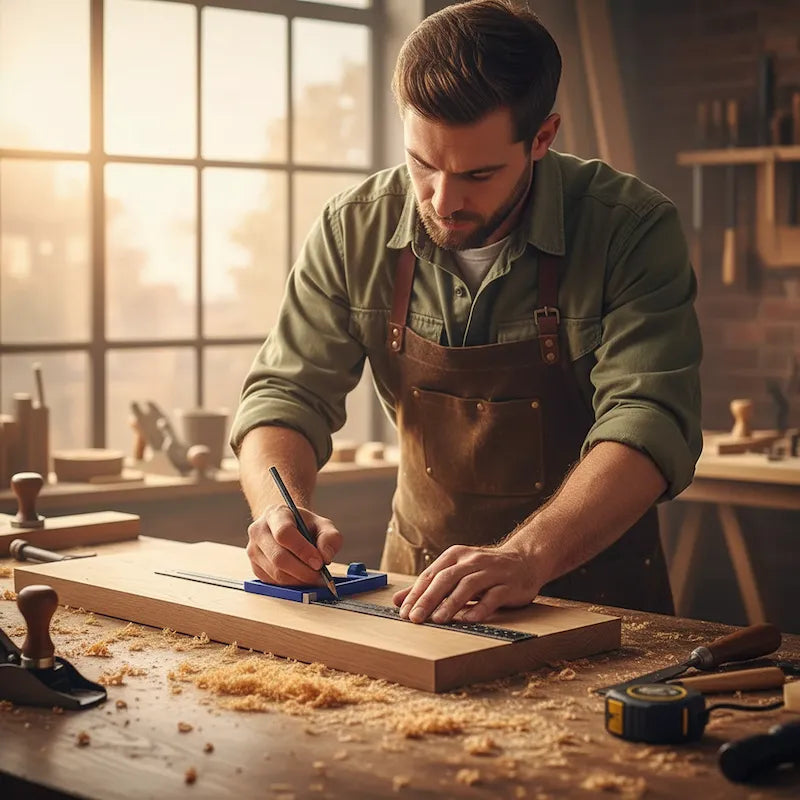 Homme bricoleur construit avec equerre d'angle