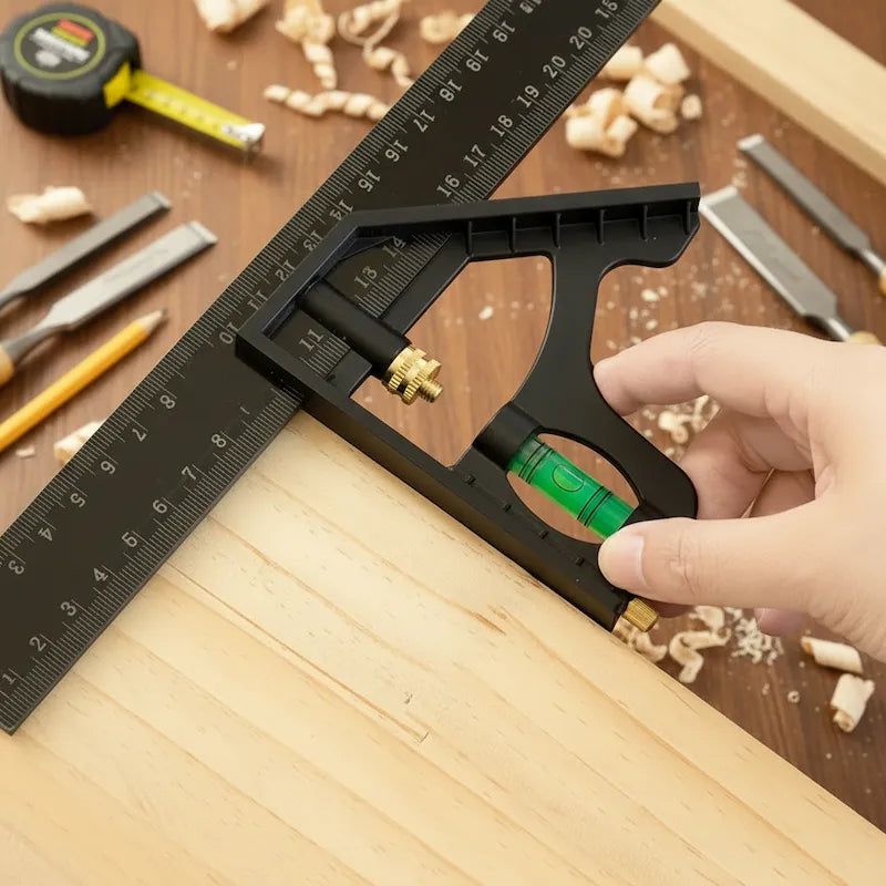 Homme bricoleur mesure coin avec règle d'angle