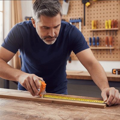 homme bricoleur prend mesure avec metre ruban