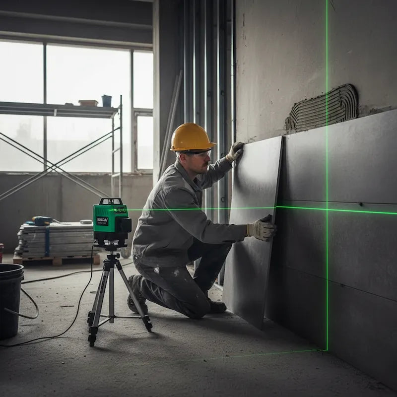 Homme chantier travaille avec niveau laser 360 vert