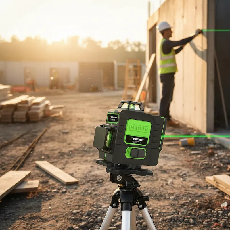 Homme chantier travaille avec nivel laser