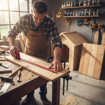Homme construisant cabane chien avec ruban metre rouge