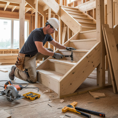 homme construisant escaliers avec marteau