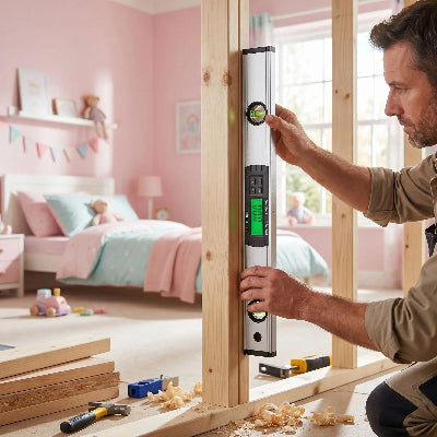 Homme construit garde-robe chambre fille avec niveau à bulle