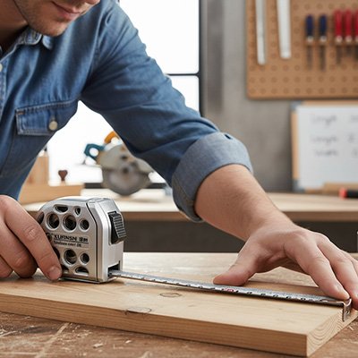 Homme construit tablettes avec mètre ruban 
