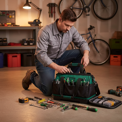Homme dans garage range outils dans sac à outils