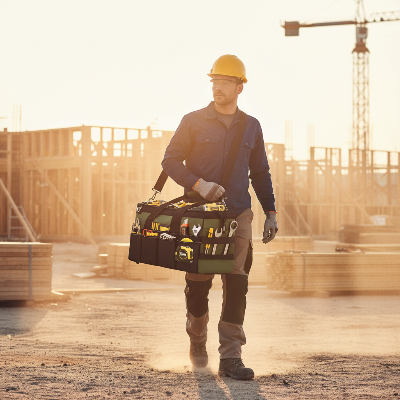 Homme de chantier marche avec sac a outil