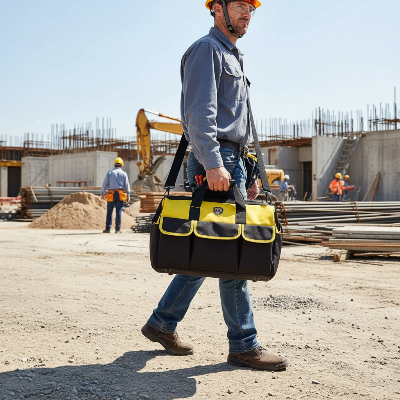 Homme de chantier se déplace avec sac a outils