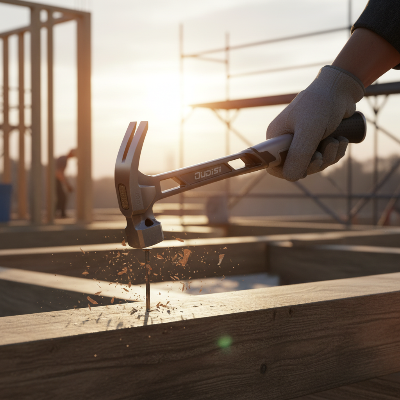 Homme de chantier travaille avec marteau de menuisier