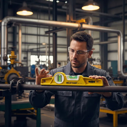 Homme en usine mesure angle tuyaux avec petit niveau à bulle