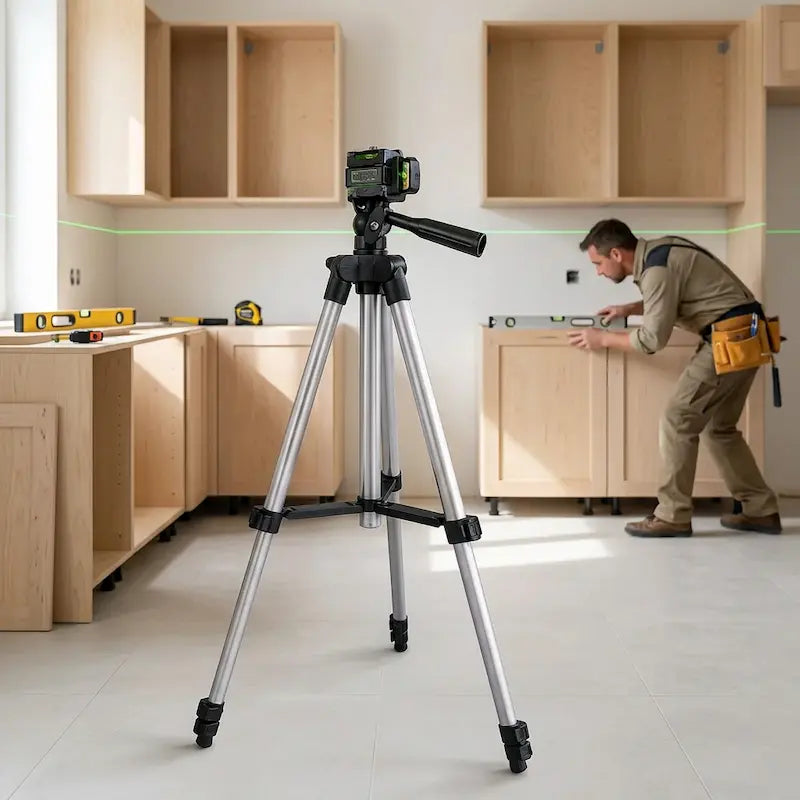 Homme installant armoires cuisine avec trépied niveau laser