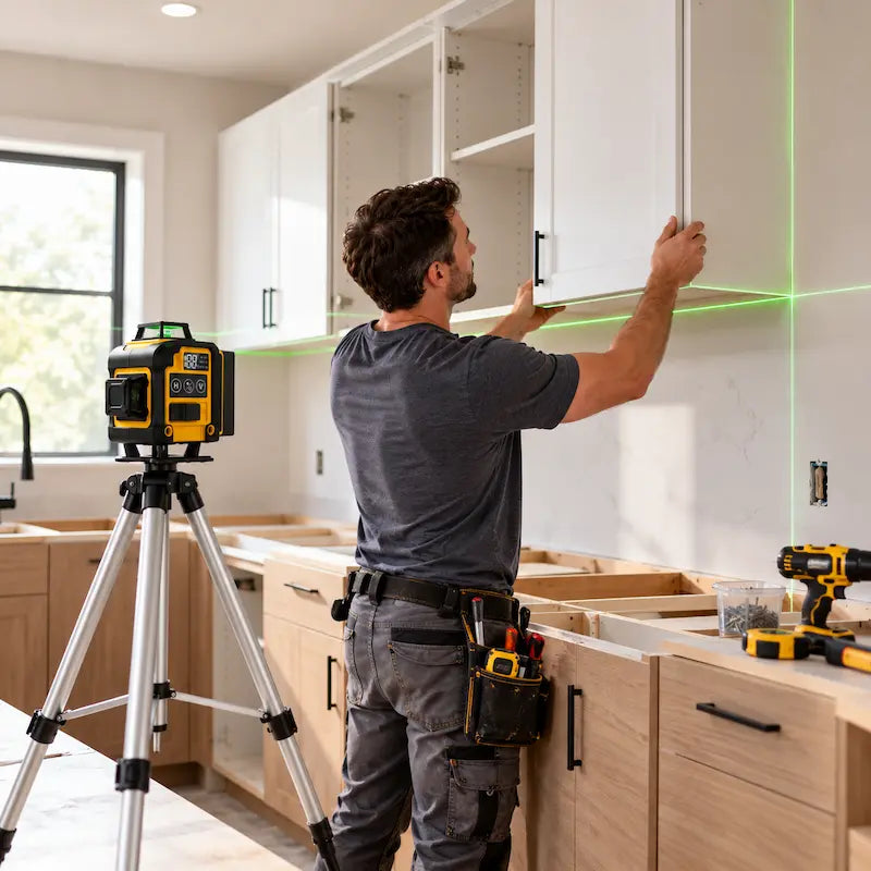 Homme installe armoire cuisine avec niveaux laser 360