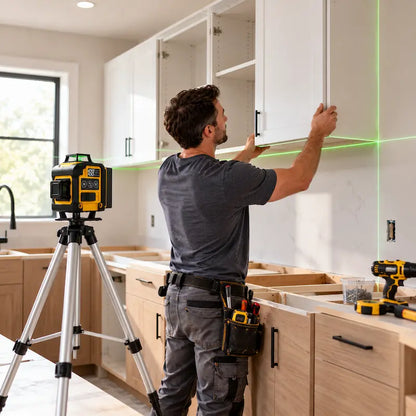 Homme installe armoire cuisine avec niveaux laser 360