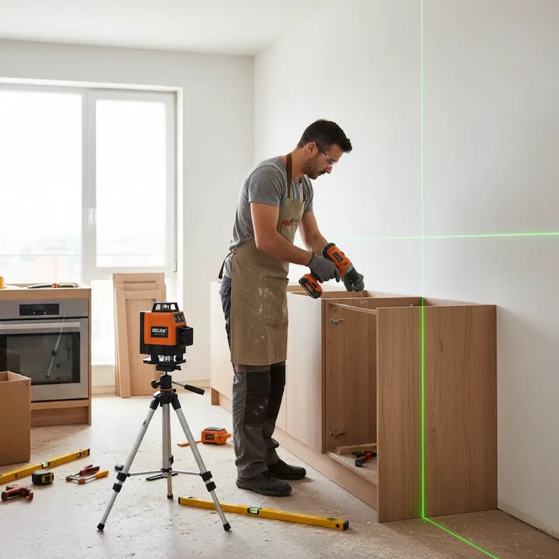 Homme installe cabinets cuisine avec niveau laser 360
