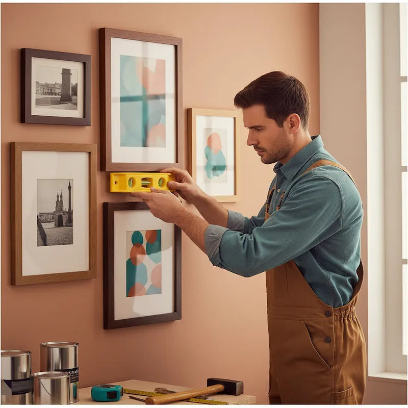 Homme installe cadres avec mini niveau à bulle jaune