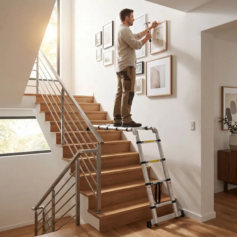 Homme installe cadres montée escalier avec échelle télescopique