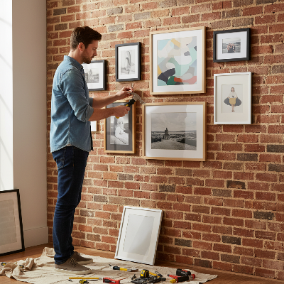 Homme installe cadres mur brique avec petit marteau