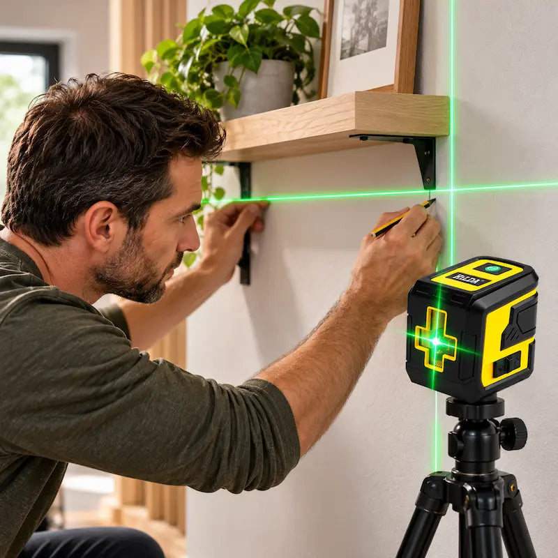 Homme installe étagère avec-niveau laser automatique