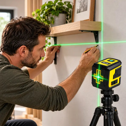 Homme installe étagère avec-niveau laser automatique